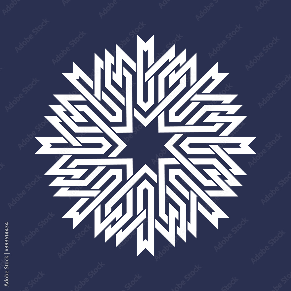 Circular pattern in Asian intersecting lines style. White eight pointed mandala in snowflake form on blue background. Circular pattern in Asian intersecting lines style. White eight pointed mandala in snowflake form on blue background.