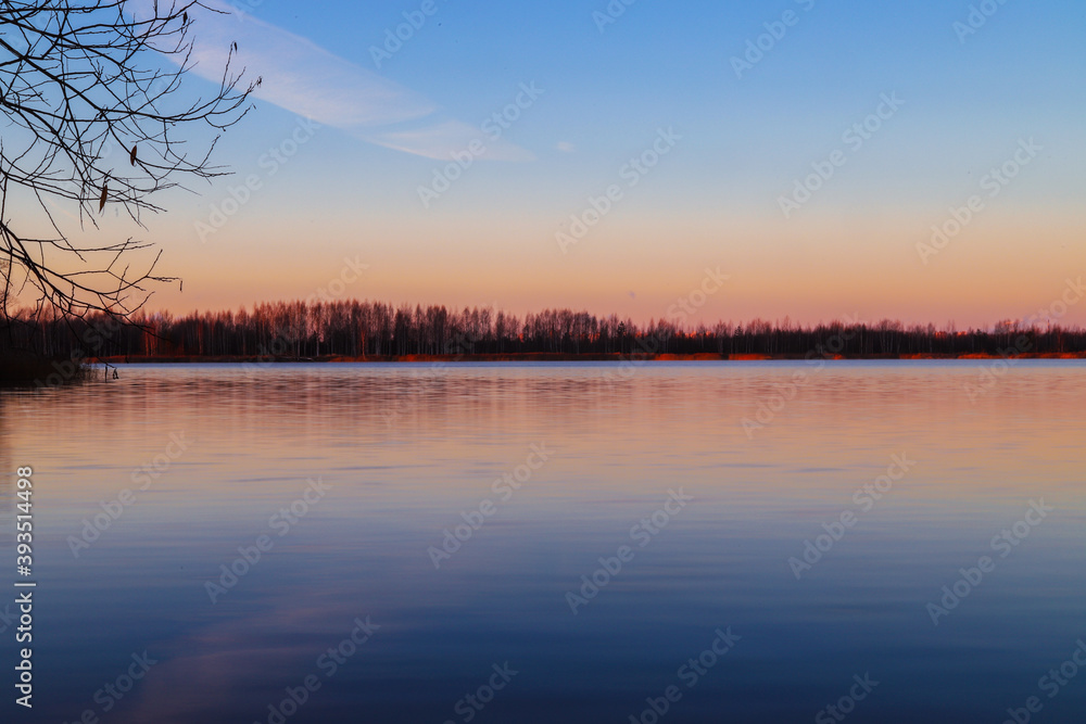 Lake at dawn in autumn. Beautiful nature background