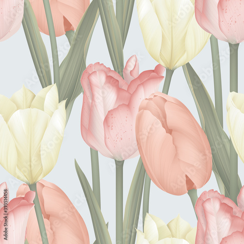 Floral seamless pattern, various tulip flowers and leaves on bright grey