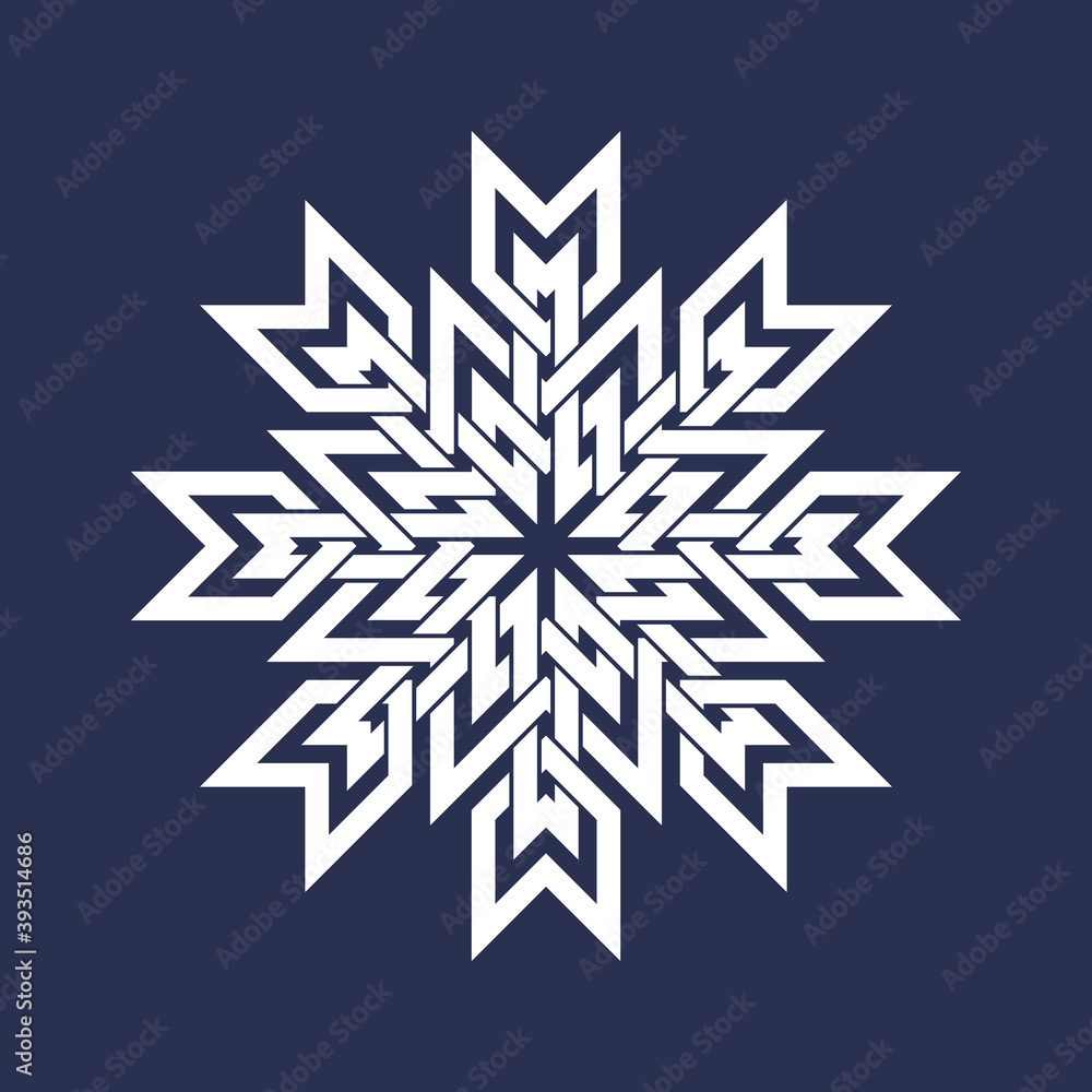 Circular pattern in Asian intersecting lines style. White eight pointed mandala in snowflake form on blue background. Circular pattern in Asian intersecting lines style. White eight pointed mandala in snowflake form on blue background.