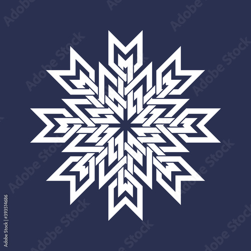 Circular pattern in Asian intersecting lines style. White eight pointed mandala in snowflake form on blue background.