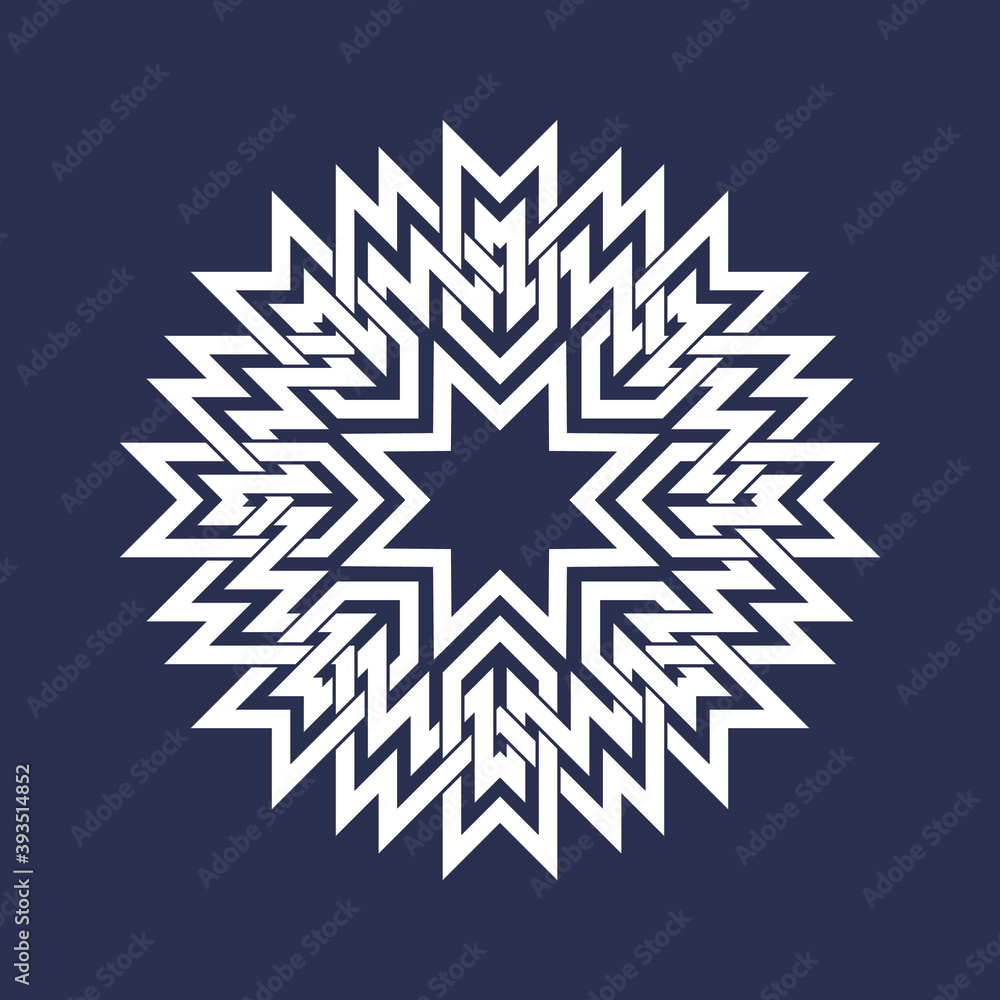 Circular pattern in Asian intersecting lines style. White eight pointed mandala in snowflake form on blue background. Circular pattern in Asian intersecting lines style. White eight pointed mandala in snowflake form on blue background.