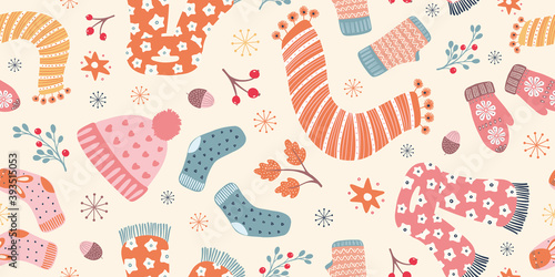 Autumn Hygge banner design background. Cute vector Fall seamless repeat border of cosy elements.
