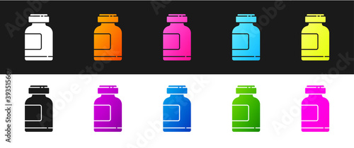 Set Sports nutrition bodybuilding proteine power drink and food icon isolated on black and white background. Vector Illustration.