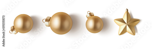 Set of New Year and Christmas decoration with shadow isolated on white. Golden balls and star. Flat lay. Vector stock illustration.