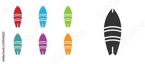 Black Surfboard icon isolated on white background. Surfing board. Extreme sport. Sport equipment. Set icons colorful. Vector Illustration.