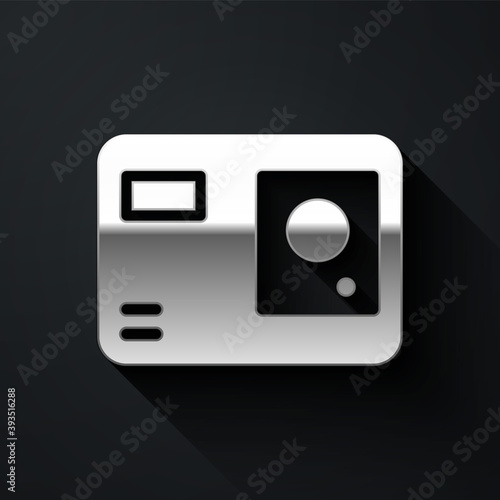Silver Action extreme camera icon isolated on black background. Video camera equipment for filming extreme sports. Long shadow style. Vector Illustration.