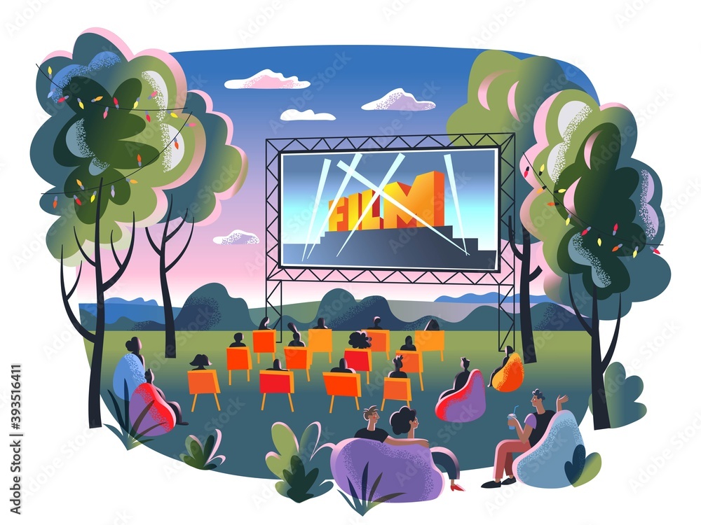 Outdoor cinema, open air movie night. Screen with film outdoor theatre