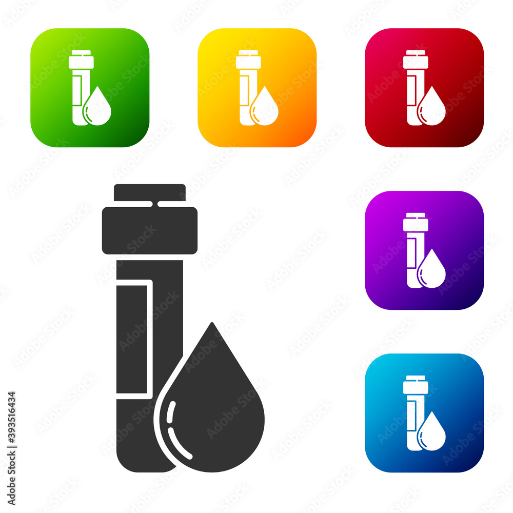 Black Test tube with water drop icon isolated on white background. Set icons in color square buttons. Vector Illustration. Black Test tube with water drop icon isolated on white background. Set icons in color square buttons. Vector Illustration.