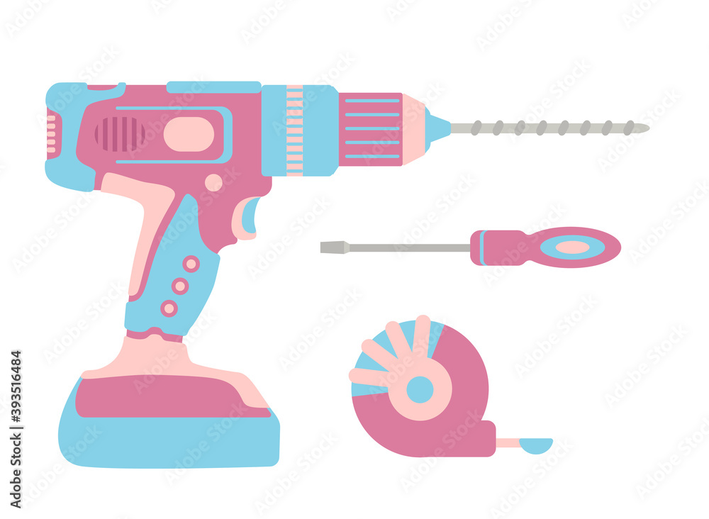 Womens set of construction tools. Drilling machine, drill, screwdriver, tape measure. Power tools, hammer drill. Pink tools for Ladies. Womens set of construction tools. Drilling machine, drill, screwdriver, tape measure. Power tools, hammer drill. Pink tools for Ladies.