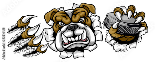 A bulldog ice hockey player animal sports mascot holding a hockey puck