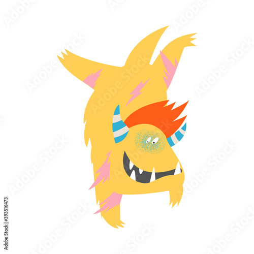 Furry Comic Monster with Horns Doing Handstands Vector Illustration