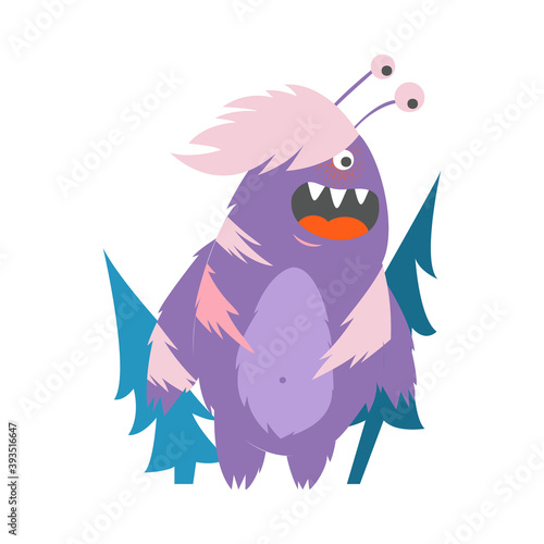 Hairy Purple Monster with Antenna Standing Between Fir Trees Vector Illustration