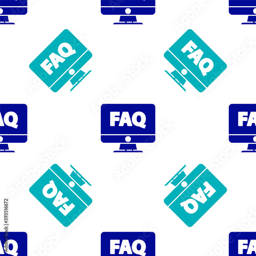 Blue Computer monitor and FAQ icon isolated seamless pattern on white background. Adjusting, service, setting, maintenance, repair, fixing. Vector Illustration. © Kostiantyn
