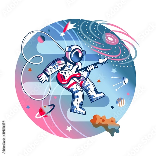 Funny astronaut playing guitar in space. Man playing funky disco music on instrument in spacesuit. Space exploration fun entertainment vector illustration. Cosmonaut in universe