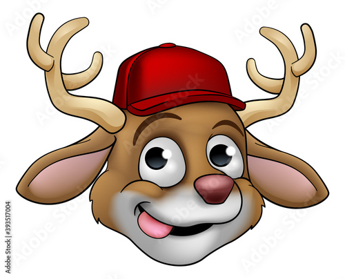 Canvas Print A cute Christmas Santas reindeer cartoon character in baseball cap hat sticking
