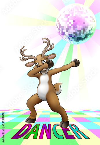A Christmas Santas reindeer cartoon character dabbing or doing a fun dab dance on dancefloor with disco ball