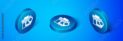 Isometric Location with store icon isolated on blue background. Blue circle button. Vector Illustration.