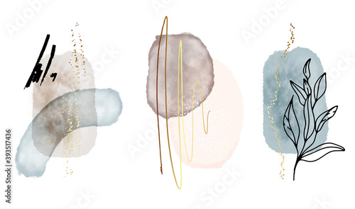 Abstract gold wall arts vector collection. Blue nude beige organic shape Minimalist Art design for banner, poster, print, social media, wallpaper, logo,  Minimal and natural wall art. 