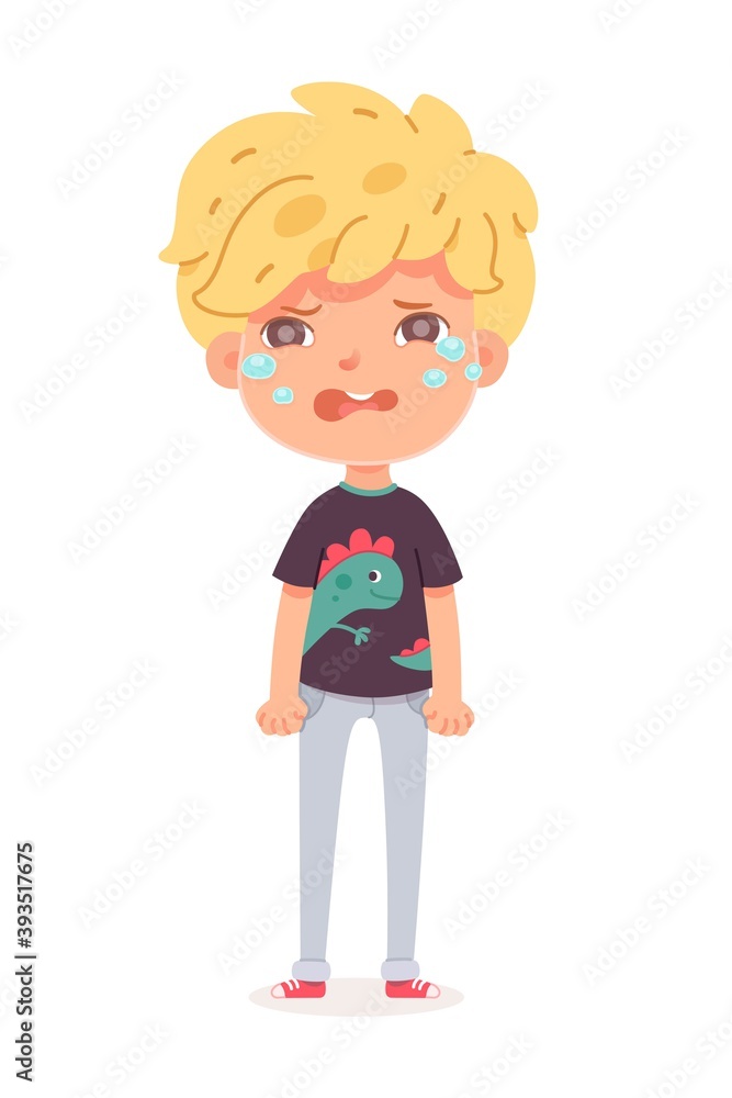 Sad boy crying covering her face with hand. Child isolated on white background. Vector character illustration of children gestures, emotions, types of moods.