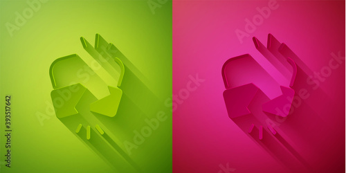 Paper cut Broken or cracked lock icon isolated on green and pink background. Unlock sign. Paper art style. Vector Illustration.