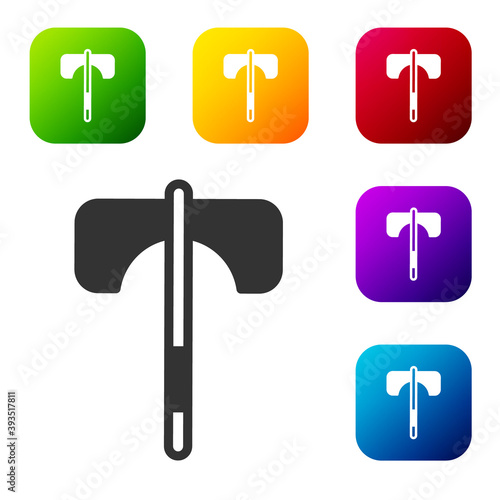 Black Medieval axe icon isolated on white background. Battle axe, executioner axe. Medieval weapon. Set icons in color square buttons. Vector.