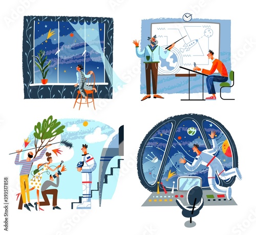 Becoming astronaut set. Kid dreaming of cosmos, man training at classroom, interview before departure, cosmonaut in spaceship. Moon and planet travel vector illustration