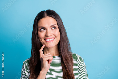 Cuadro en lienzo Portrait of attractive person finger on chin look empty space toothy smile isola