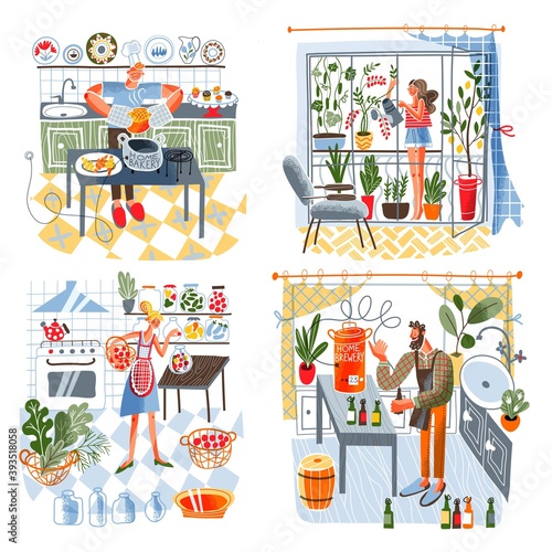 People preparing food in jars, cans and bottles at home set. Woman making jam from fruit and vegetables in cans, girl with plants, man baking bread, guy with beer. Homemade vector illustration