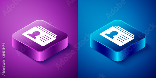 Isometric Resume icon isolated on blue and purple background. CV application. Searching professional staff. Analyzing personnel resume. Square button. Vector.
