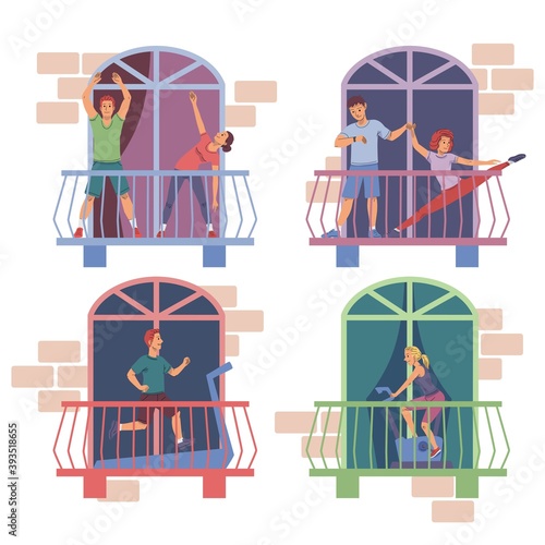 Young people exercising at home on balcony set. Happy women and men cycling on bicycle, running, stretching in house. Relaxing sport activity vector illustration. City modern apartment view