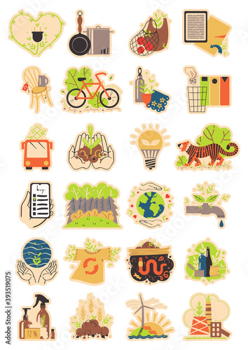 Set of stickers. Caring for the environment. Vector. Illustration. Flat style.