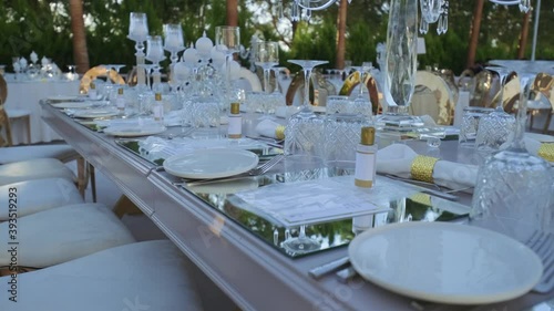 Wedding day event organization table setting decor. luxury event. photo