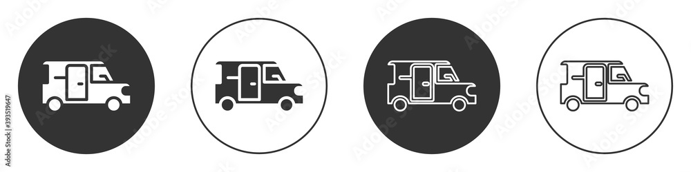 Black Minibus icon isolated on white background. Circle button. Vector.