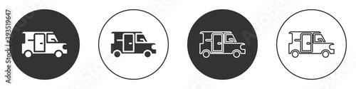 Black Minibus icon isolated on white background. Circle button. Vector.