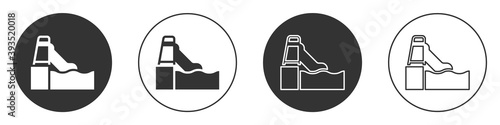 Black Water slide with pool icon isolated on white background. Aquapark. Circle button. Vector.