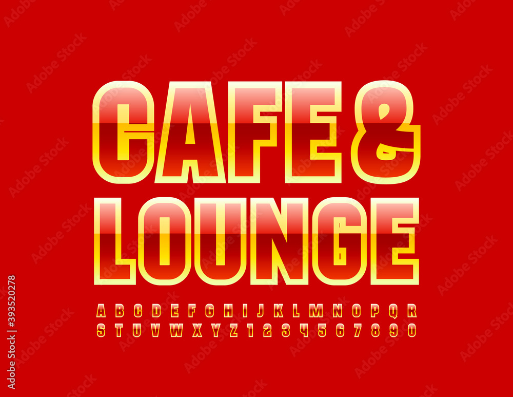 Vector bright logo Cafe & Lounge. Red and Yellow glossy Font. Modern Alphabet Letters and Numbers set Vector bright logo Cafe & Lounge. Red and Yellow glossy Font. Modern Alphabet Letters and Numbers set