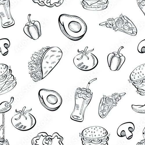 food, drink hand drawn vector seamless pattern isolated on white background. Concept for wallpaper, wrapping paper, cards