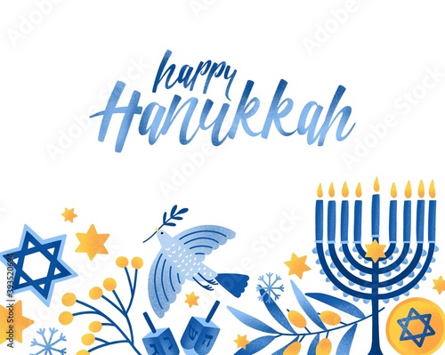 Happy hanukkah greeting card vector template. Jewish holiday celebration postcard design. Menorah candles, David star, flying dove and handwritten lettering. Jewish festival of lights postcard layout.