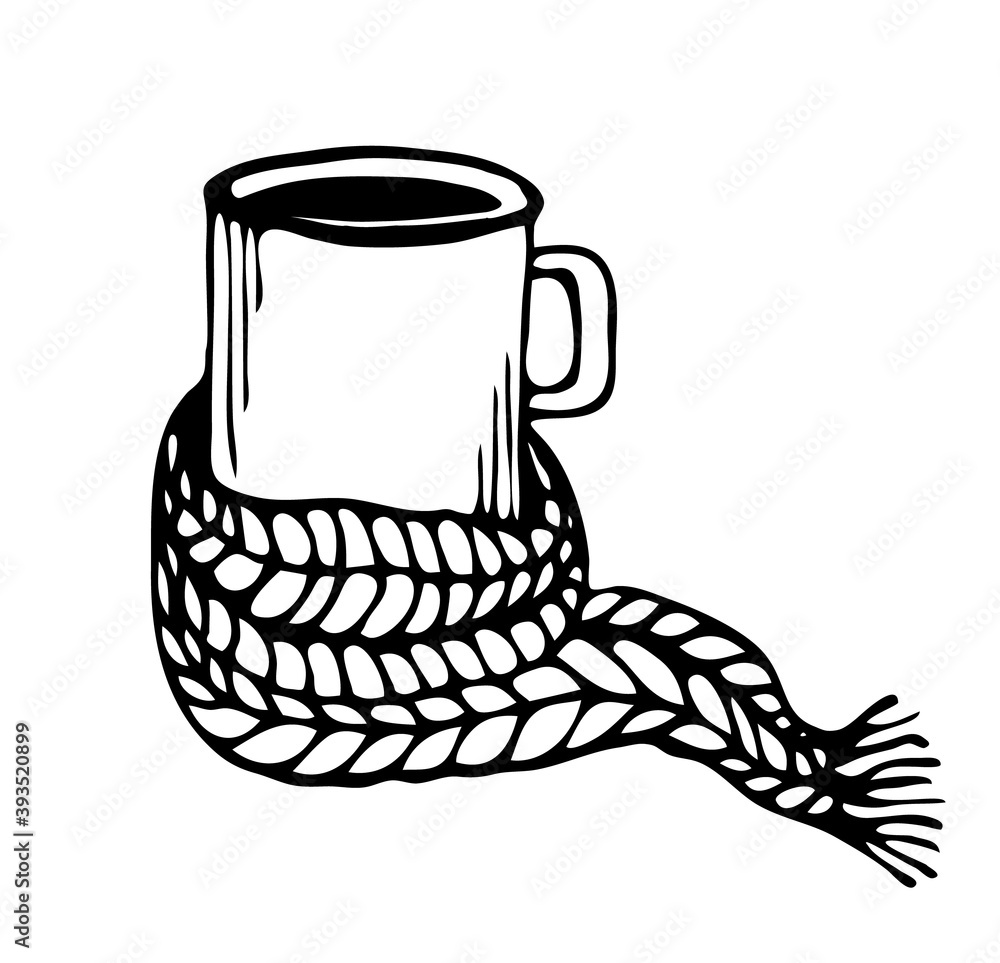 mug and knitted scarf single illustration isolated on a white background.Doodle Vector handmade theme cozy home mug and knitted scarf single illustration isolated on a white background.Doodle Vector handmade theme cozy home