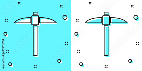 Black line Pickaxe icon isolated on green and white background. Blockchain technology, cryptocurrency mining, bitcoin, digital money market, cryptocoin wallet. Random dynamic shapes. Vector.