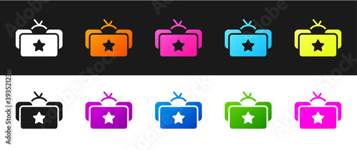 Set Ushanka icon isolated on black and white background. Russian fur winter hat ushanka with star. Soviet Union uniform of KGB and NKVD. Vector.
