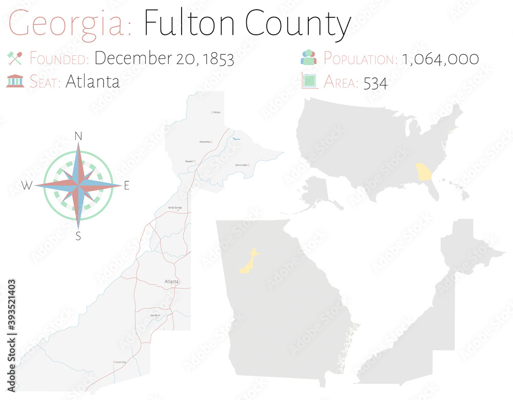 Large and detailed map of Fulton county in Georgia, USA.