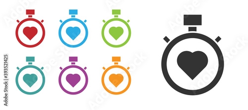 Black Heart in the center stopwatch icon isolated on white background. Valentines day. Set icons colorful. Vector.