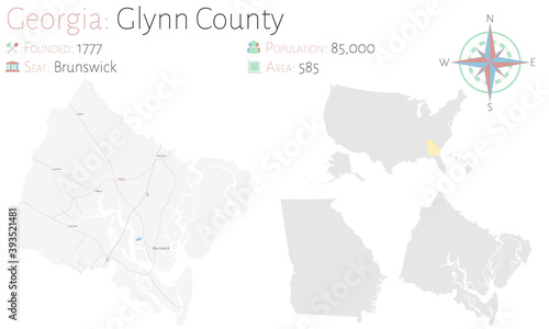 Large and detailed map of Glynn county in Georgia, USA. photo