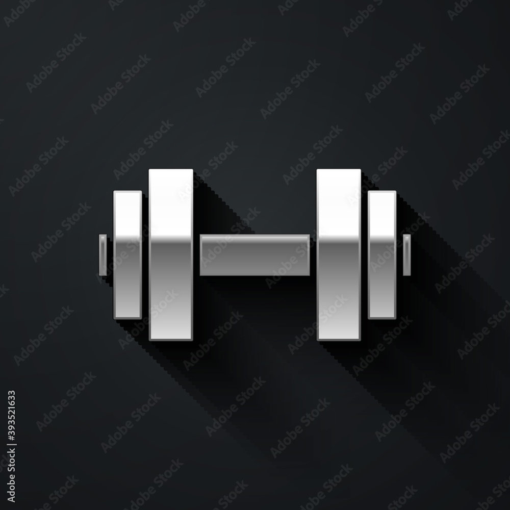 Silver Dumbbell icon isolated on black background. Muscle lifting icon, fitness barbell, gym, sports equipment, exercise bumbbell. Long shadow style. Vector. Silver Dumbbell icon isolated on black background. Muscle lifting icon, fitness barbell, gym, sports equipment, exercise bumbbell. Long shadow style. Vector.