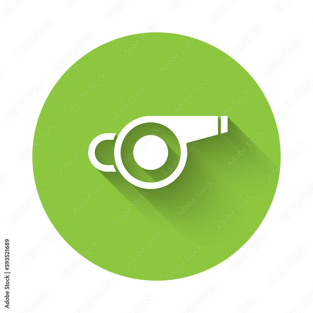 White Whistle icon isolated with long shadow. Referee symbol. Fitness and sport sign. Green circle button. Vector. White Whistle icon isolated with long shadow. Referee symbol. Fitness and sport sign. Green circle button. Vector.