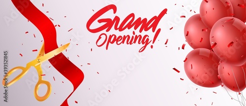 Grand opening ceremony with red balloon, gold  and confetti	