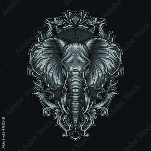 Photography artwork illustration and t shirt design elephant in engraving ornament premium v