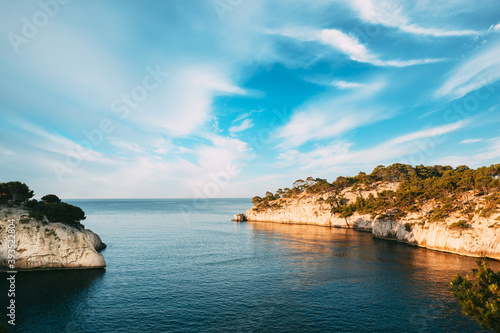 Cassis, Calanques, France. French Riviera. Beautiful Nature Of Cote De Azur On The Azure Coast Of France. Calanques - A Deep Bay Surrounded By High Cliffs. Elevated View